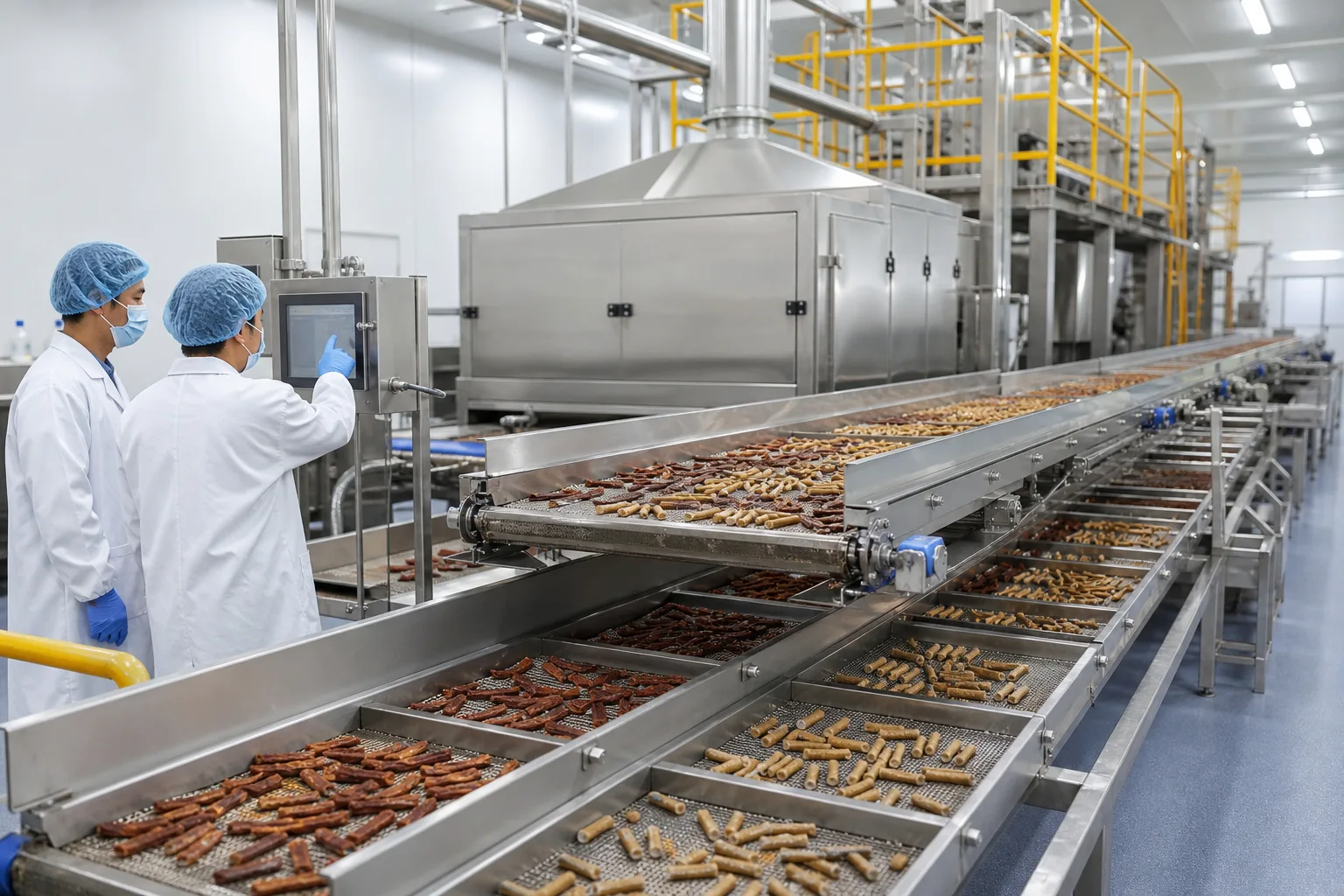 Automated pet food treat production line with operators and control screen